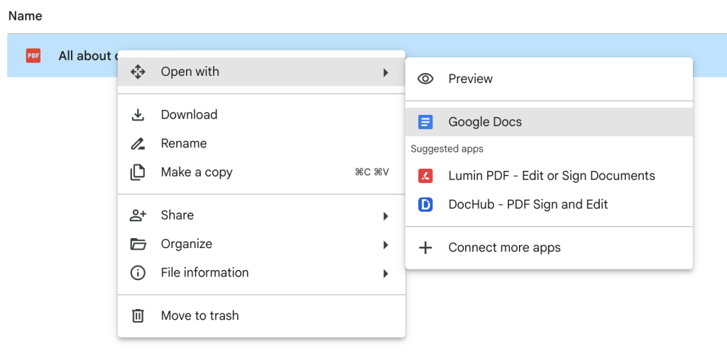 free corrupted pdf recovery Google Drive context menu showing 'Open with Google Docs' option