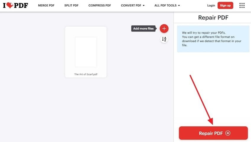 free corrupted pdf recovery iLovePDF online PDF repair tool upload interface