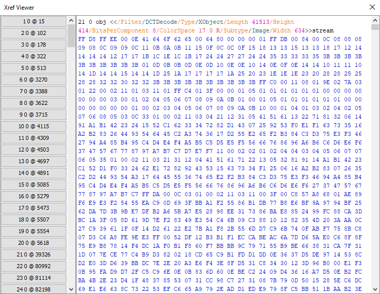 invalid xref table pdf repair hex editor showing PDF xref table and startxref line