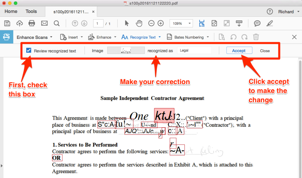 ocr pdf repair PDF text selection showing correct characters screenshot
