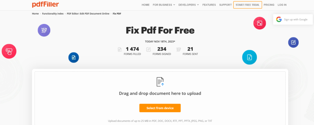 online pdf fixer online PDF repair tool upload page interface screenshot