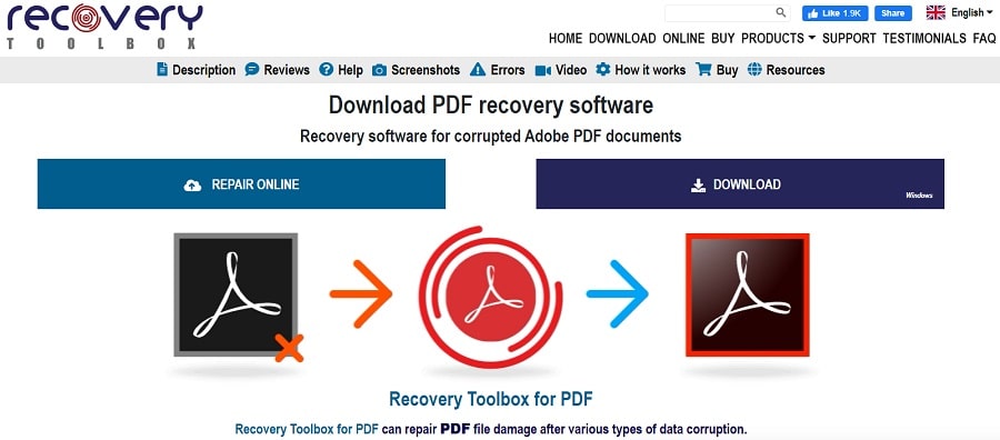 online pdf recovery service Upload file button on PDF repair website