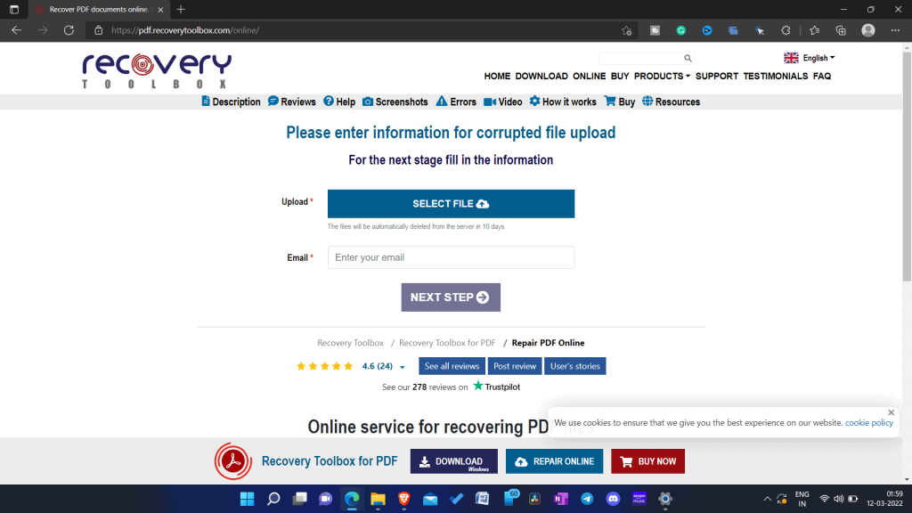 Online PDF recovery service website screenshot showing upload button