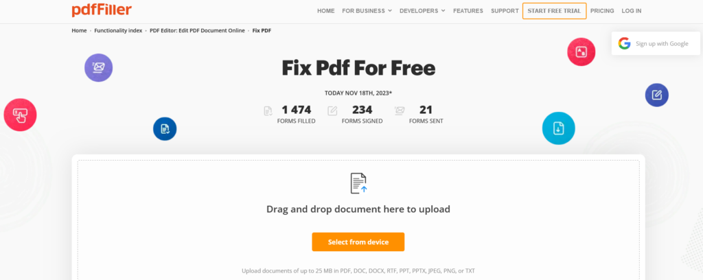 online PDF repair service website upload interface