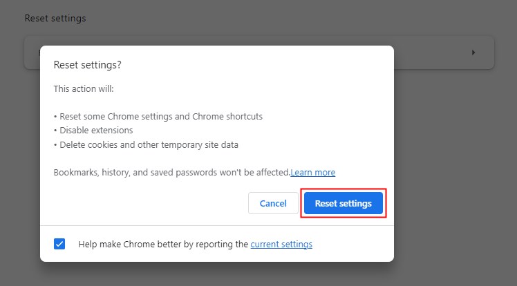 pdf cannot be opened in chrome Chrome reset settings button