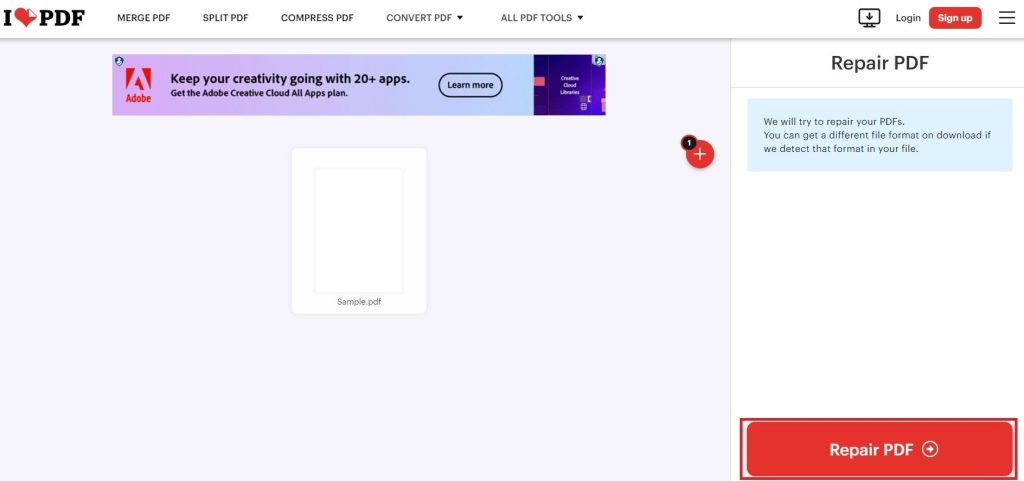 pdf cannot open repair online PDF repair tool website screenshot showing upload button