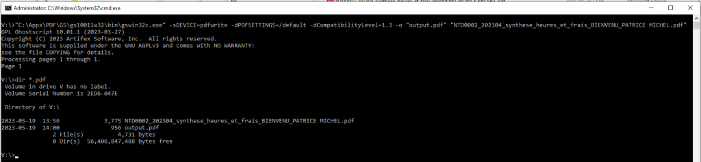 pdf file repair solution Ghostscript command line terminal window showing PDF repair command