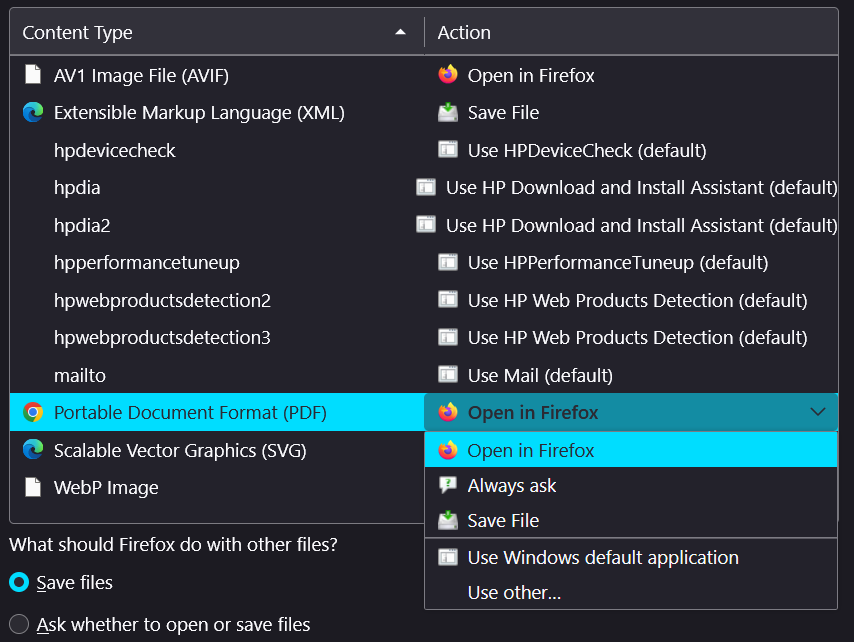 pdf not opening in firefox Firefox settings applications PDF handling dropdown screenshot