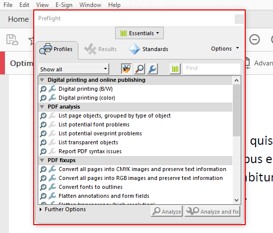 pdf object repair Adobe Acrobat Preflight repair PDF interface showing fixed objects