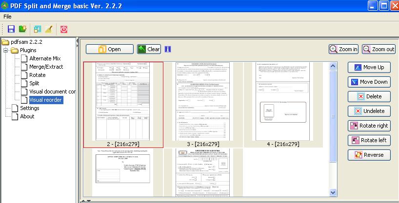 pdf pages out of order fix PDFsam Basic interface showing drag-and-drop page reorder list with numbered thumbnails