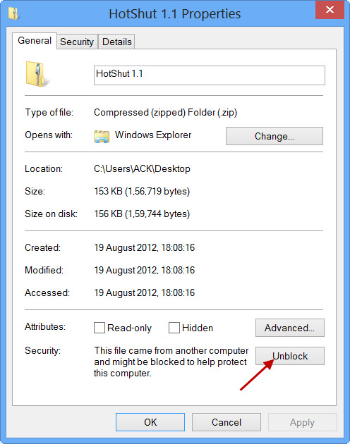 pdf read error 109 repair Windows file properties dialog with Unblock checkbox highlighted