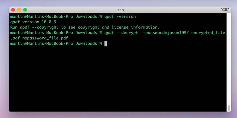 pdf recovery tips Terminal window on macOS showing qpdf command with a progress message