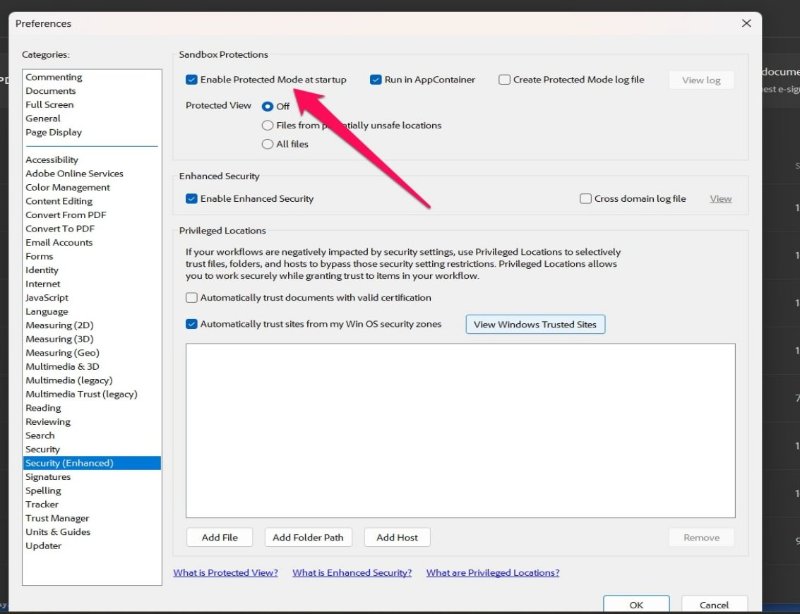 pdf repair Adobe Acrobat Reader Preferences Security Enhanced Protected Mode