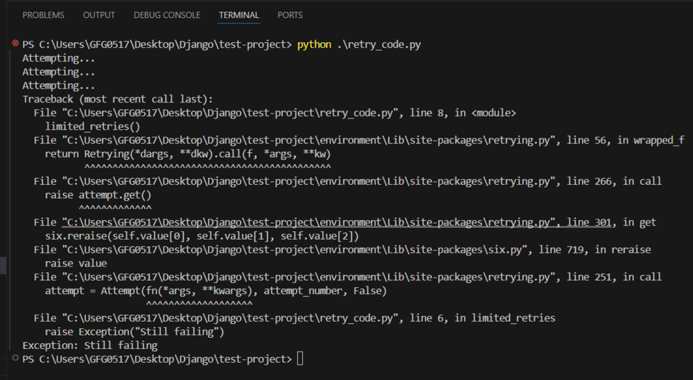 pdf repair api Close-up screenshot of Python code with retry logic and error handling for API calls
