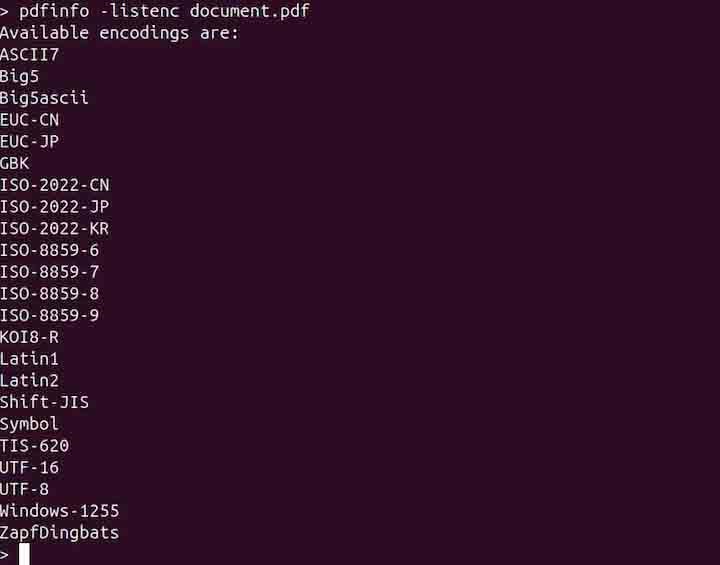 pdf repair for linux Linux terminal showing pdfinfo command output for corrupted PDF file