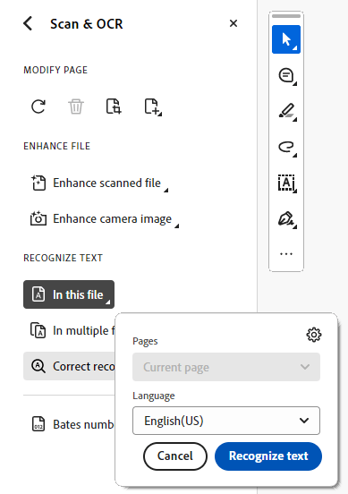 pdf repair for scanned documents Adobe Acrobat Pro OCR settings window showing Recognize Text option