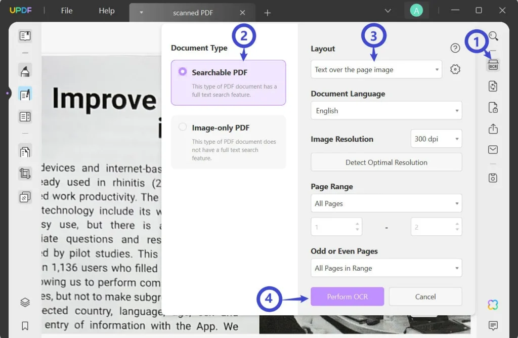 pdf repair for scanned documents restored scanned PDF with selectable text highlighted in blue