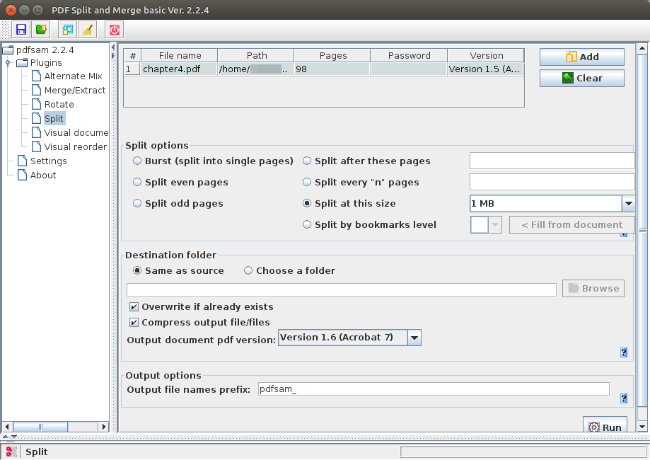 pdf repair PDFsam Basic split PDF by pages interface