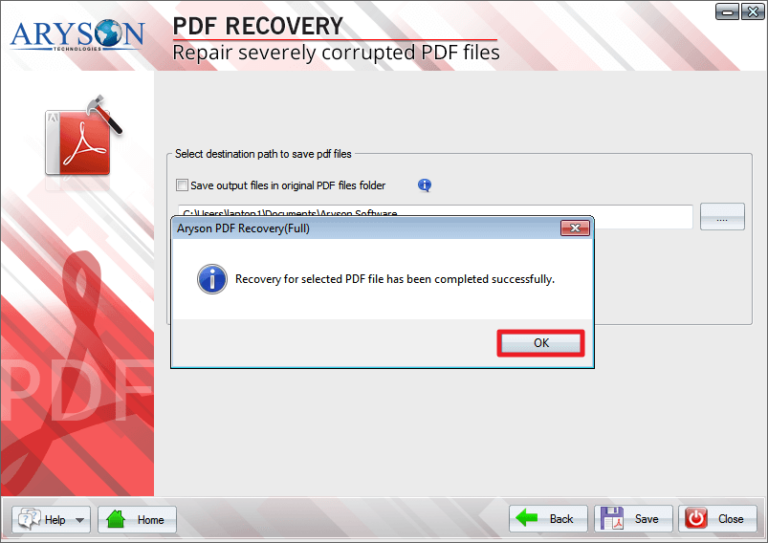 pdf repair software save as dialog for repaired PDF file with new filename option