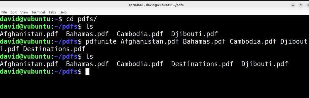 pdf repair Terminal window with pdfunite command