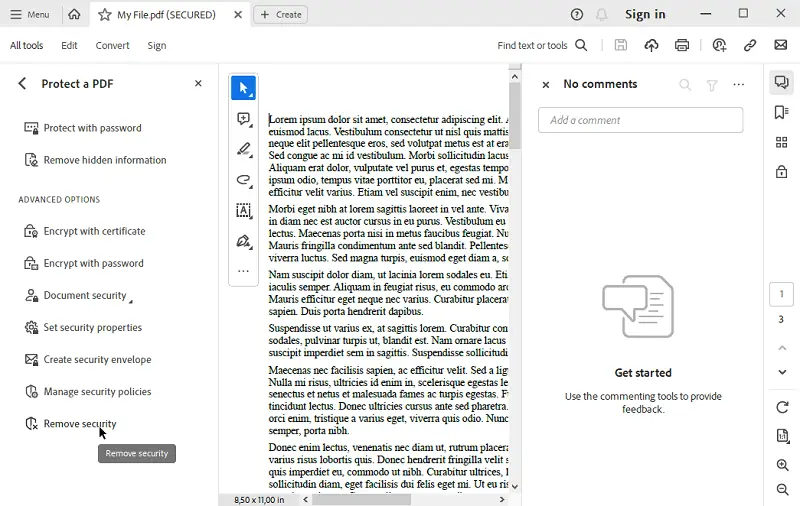 recover encrypted pdf Adobe Acrobat Pro remove security menu option