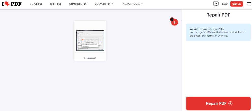 recover incomplete pdf Ilovepdf repair PDF upload interface