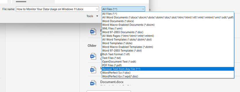 recover incomplete pdf Microsoft Word open PDF dialog box