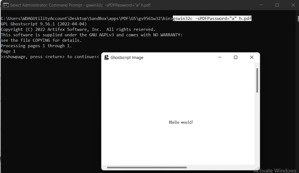 recover legal pdf Ghostscript command line window with pdfwrite command typing
