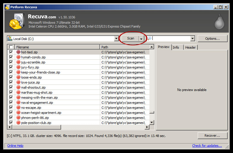 recover pdf after ransomware Recuva software scanning and showing deleted PDF files in results
