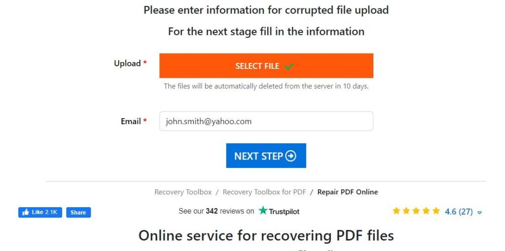 recover pdf after virus online pdf recovery service upload page showing drag and drop area with PDF file