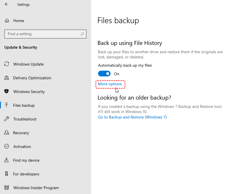 recover pdf document Windows File History backup settings screen previous versions