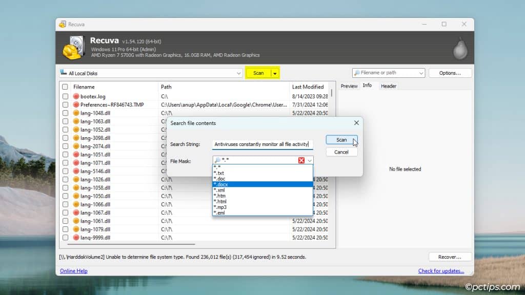 recover pdf file Recuva software scanning for deleted pdf files