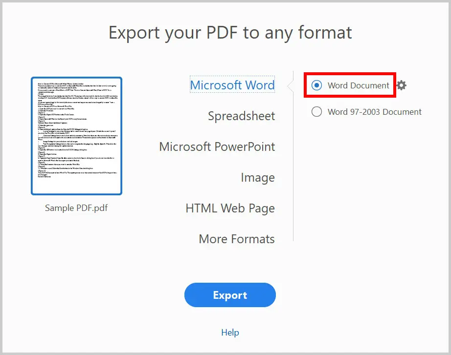 recover pdf fonts Adobe Acrobat export PDF to Word dialog screenshot