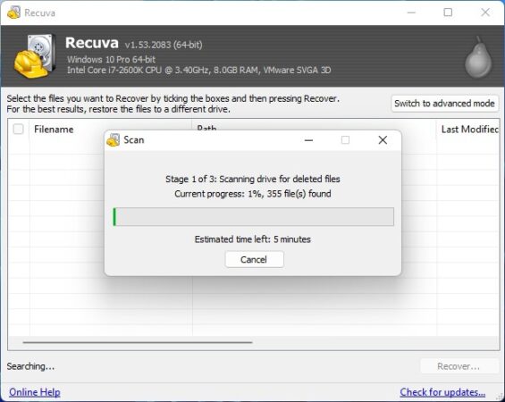 recover pdf from hard drive Recuva software scanning hard drive with file list displayed