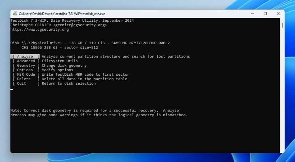 recover pdf from hard drive TestDisk command line interface showing partition selection