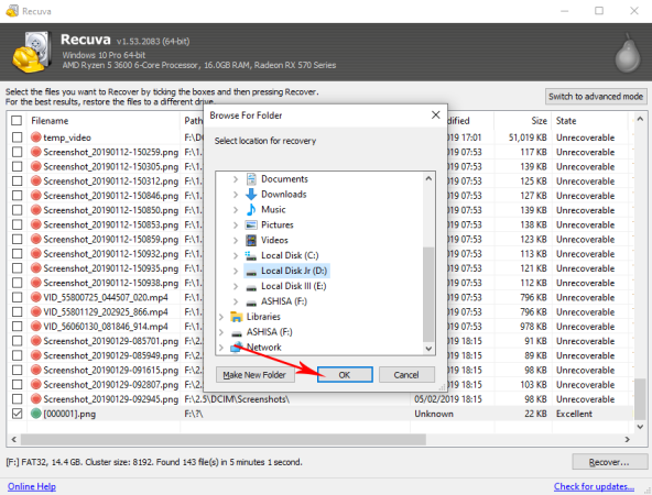 recover pdf from sd card Recuva software interface showing SD card drive selection on Windows desktop