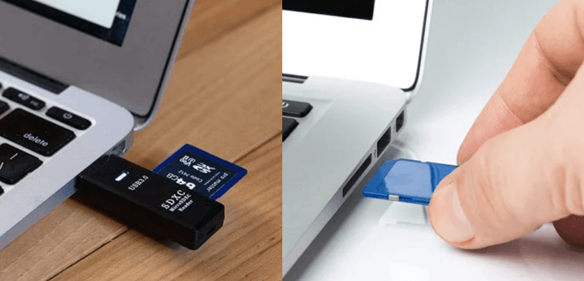 recover pdf from sd card SD card reader connected to laptop with USB cable, close-up