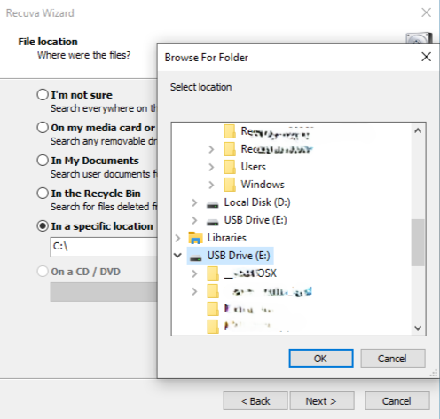 recover pdf from usb Choosing destination folder for recovered files in Recuva software
