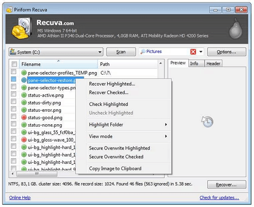 recover pdf from usb Recuva software interface with USB drive selected and deep scan option