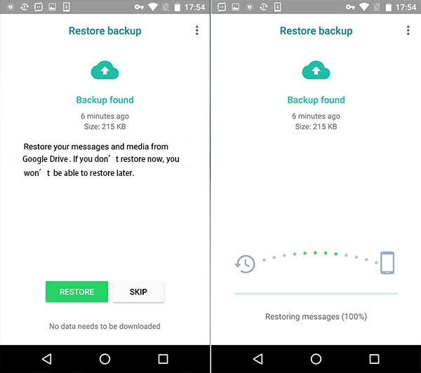 recover pdf from whatsapp Restoring WhatsApp backup from Google Drive screen