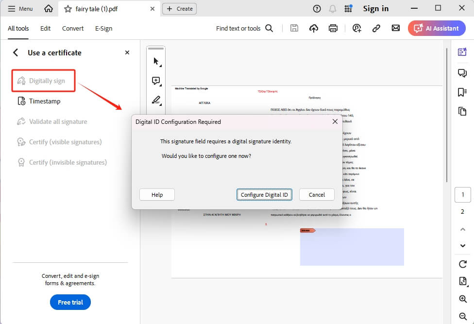 recover pdf signature Adobe Acrobat place signature dialog with certificate selection