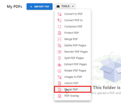 recover unreadable pdf online upload button on PDF repair website