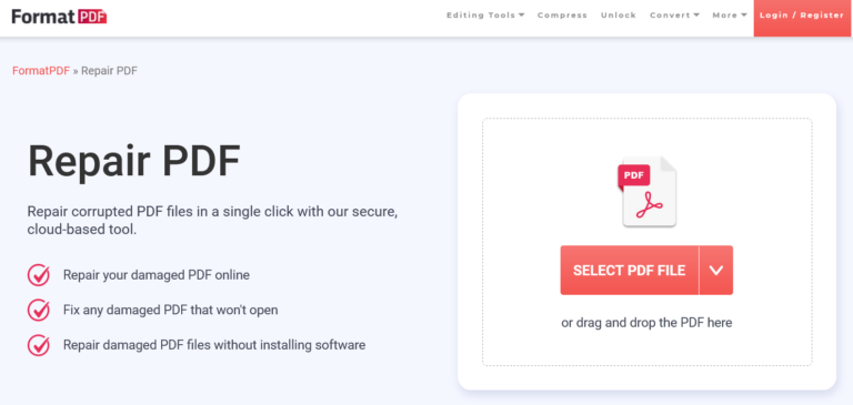 repair 0 byte pdf Web browser showing upload interface of online PDF repair tool with zero byte file selected