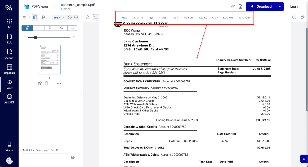 repair bank statement pdf opening bank statement PDF in Chrome browser
