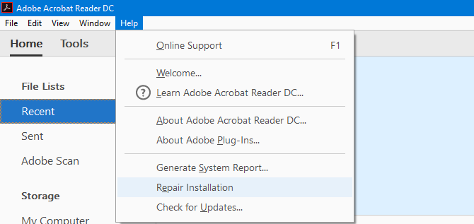 repair corrupted pdf Adobe Acrobat Reader repair installation menu screenshot