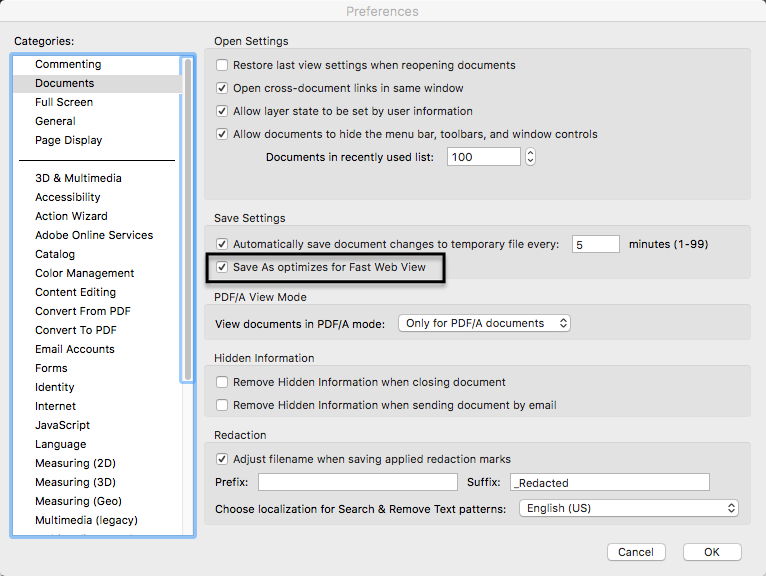 repair fast web view pdf Adobe Acrobat Pro interface showing PDF optimization options