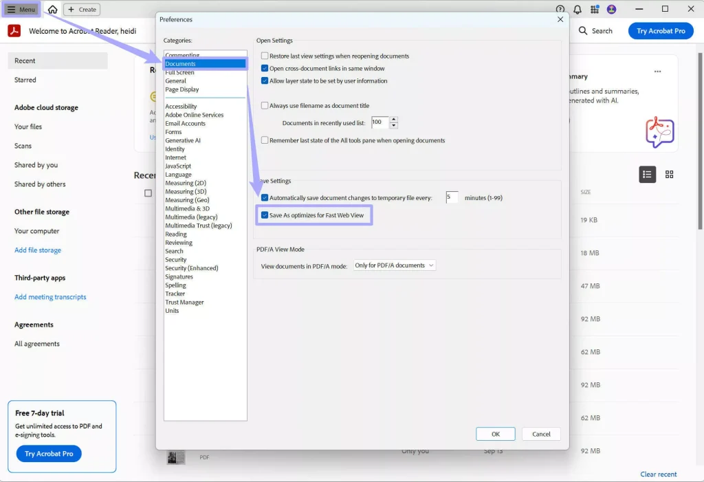 repair fast web view pdf Adobe Acrobat Pro Optimized PDF dialog with Fast Web View option highlighted