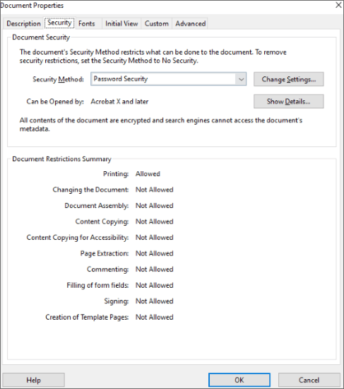 repair locked pdf Adobe Acrobat Reader Security Properties window