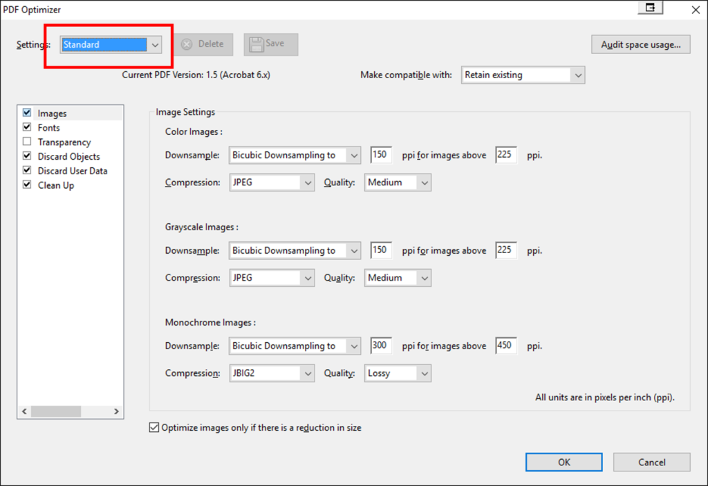 repair optimized pdf PDF optimization settings Acrobat