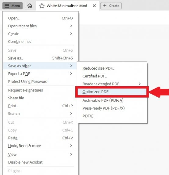 repair pdf after transfer Adobe Acrobat Pro menu showing Save As Optimized PDF option